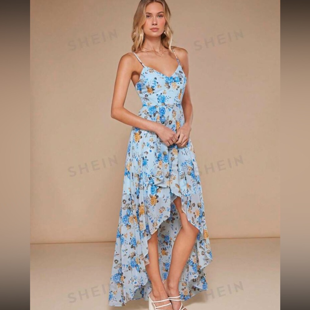 High-Low Maxi Dress, Light Blue Floral STUNNING - Size LARGE - NWOT